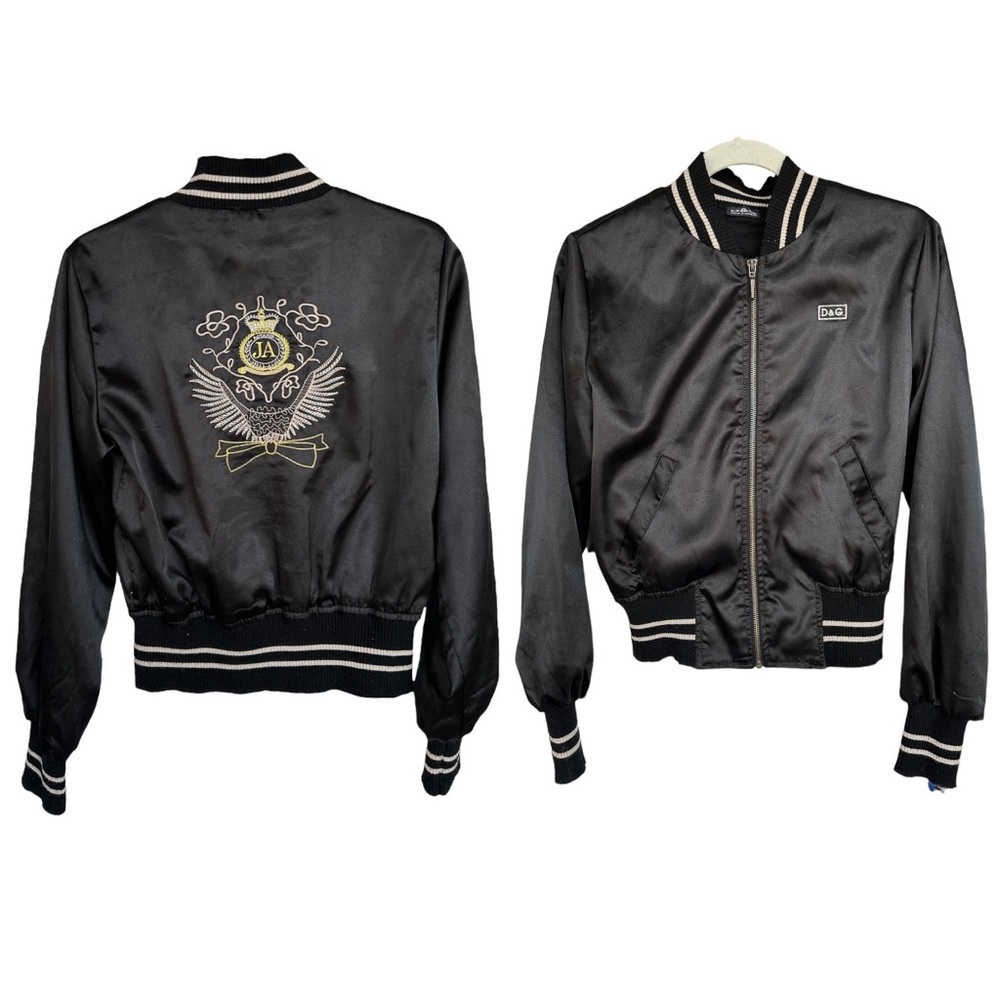 Dolce & Gabbana Vtg. Y2K black satin Bomber jacket embroidery Logo S - Picture 7 of 15